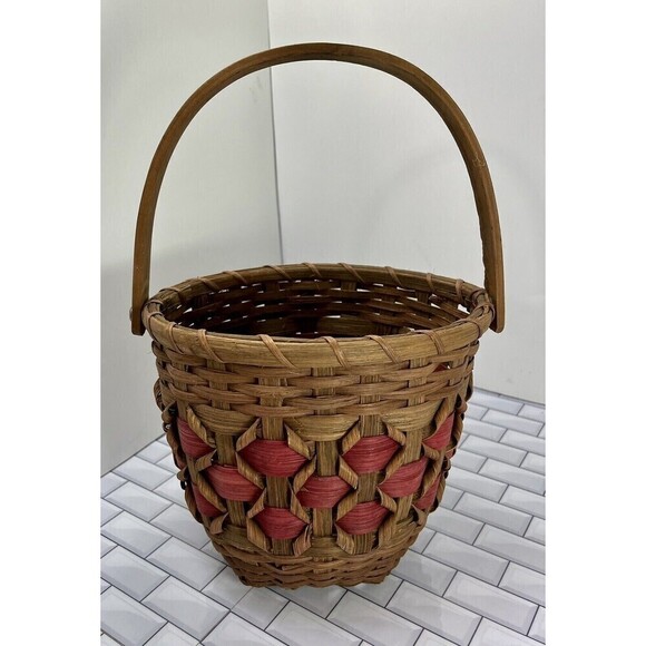 Handmade Curly Berry Basket Round With Handle Natural & Red Farmhouse Country - Picture 4 of 12